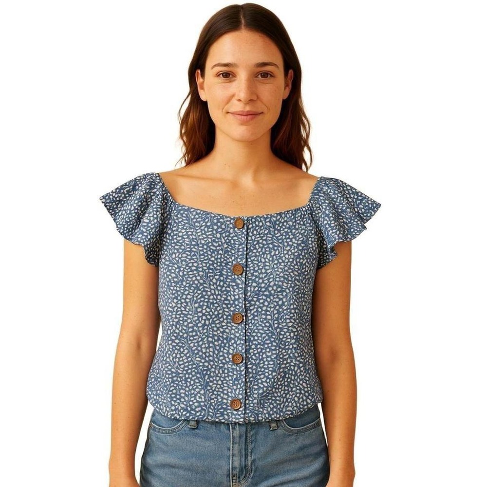 SIENNA SKY Blue White Floral Button Front Top – Size XS